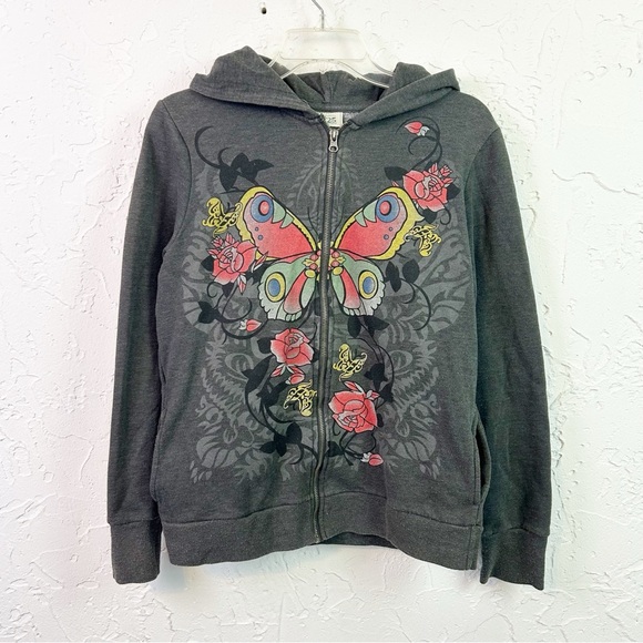 Vintage Y2K Grey Butterfly Rose Print Full Zip Up Hoodie Size Large - Picture 1 of 11